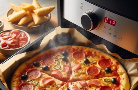 Reheating takeaway pizza in air fryer (Image generated by Midjourney)